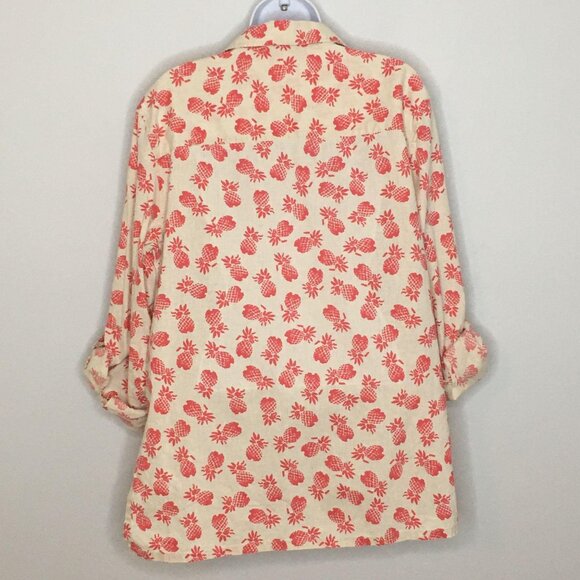 Paradise Shores Womens LINEN Blend Tunic Top M Pink Ivory PINEAPPLE Button Up - Picture 7 of 11